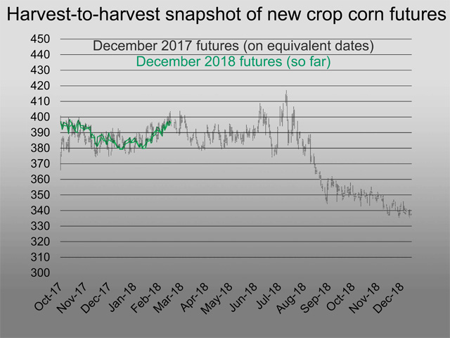 When plotted on the same calendar, the track of the December 2017 new-crop corn futures contract and the December 2018 new-crop corn futures chart (so far) appear quite similar. (DTN chart by Elaine Kub)